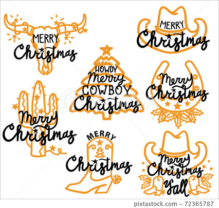 Cowboy Merry Christmas set with typography text. Vector cowboy labels for greeting cards or banners isolated on white Cowboy Merry Christmas set with typography text. Vector cowboy labels for greeting cards or banners isolated on white 72365787