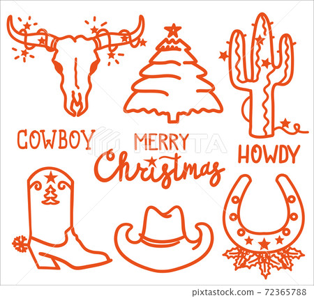 Christmas icons. Cowboy Merry Christmas set with typography text. Vector cowboy labels for greeting cards or banners isolated Christmas icons. Cowboy Merry Christmas set with typography text. Vector cowboy labels for greeting cards or banners isolated 72365788