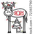 Cute cartoon bull and christmas tree with winter holiday lights decoration. Vector handdrawn black graphic ilustration of symbol of New Year isolated 72365790