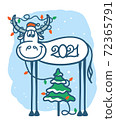 Cute cartoon bull and christmas tree with winter holiday lights decoration. Vector color handdrawn graphic ilustration of symbol of New Year isolated 72365791