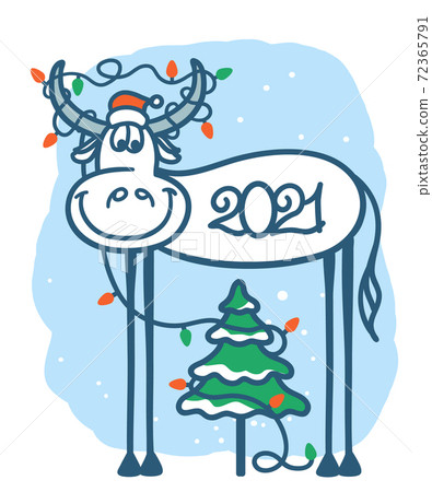 Cute cartoon bull and christmas tree with winter holiday lights decoration. Vector color handdrawn graphic ilustration of symbol of New Year isolated Cute cartoon bull and christmas tree with winter holiday lights decoration. Vector color handdrawn graphic ilustration of symbol of New Year isolated 72365791