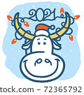Cute cartoon bull with winter holiday lights 2021 decoration. Vector color handdrawn graphic ilustration of symbol of New Year isolated 72365792