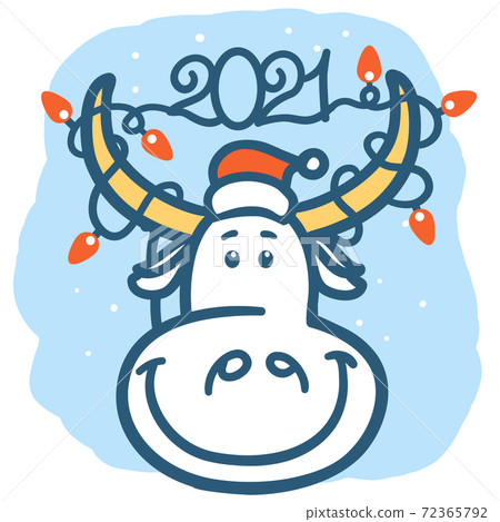 Cute cartoon bull with winter holiday lights 2021 decoration. Vector color handdrawn graphic ilustration of symbol of New Year isolated Cute cartoon bull with winter holiday lights 2021 decoration. Vector color handdrawn graphic ilustration of symbol of New Year isolated 72365792
