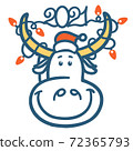 Cute cartoon bull head with winter holiday lights 2021 decoration. Vector color handdrawn graphic ilustration of symbol of New Year isolated 72365793