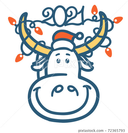 Cute cartoon bull head with winter holiday lights 2021 decoration. Vector color handdrawn graphic ilustration of symbol of New Year isolated Cute cartoon bull head with winter holiday lights 2021 decoration. Vector color handdrawn graphic ilustration of symbol of New Year isolated 72365793