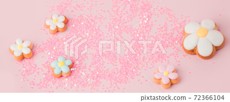 Flower shape cookies anf confettic on pink pastel background. Tender holiday concept - Saint Valentine, Woman, Mother day, Easter, spring time banner for your site. copy space, cute flyer 72366104