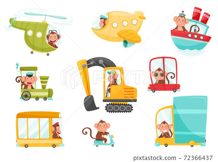 Funny Monkey with Protruding Ears Driving Bus and Sailing Boat Vector Set Funny Monkey with Protruding Ears Driving Bus and Sailing Boat Vector Set 72366437