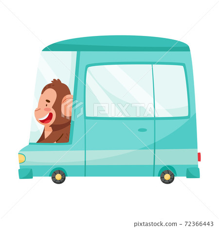 Smiling Monkey with Protruding Ears Driving Van or Mini Bus Vector Illustration 72366443