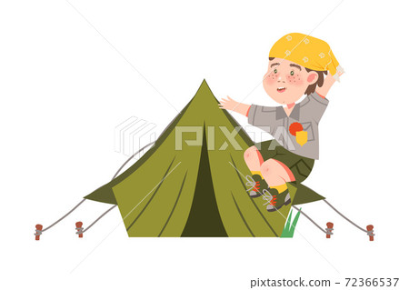 Freckled Boy Junior Scout Jumping with Joy Near Tent Vector Illustration Freckled Boy Junior Scout Jumping with Joy Near Tent Vector Illustration 72366537