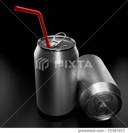 Silver aluminum beer or soda cans with red straw isolated on black background 72367857
