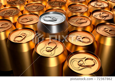 Unique silver can among group of golden recyclable cans cans. View from above Unique silver can among group of golden recyclable cans cans. View from above 72367862