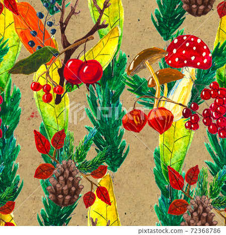 Autumn watercolor hand drawn seamless pattern with leaves mushrooms and pine cones 72368786