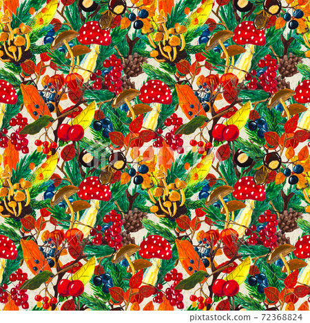 Autumn watercolor hand drawn seamless pattern with leaves mushrooms and pine cones 72368824