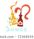 Mustard and ketchup stock illustration. Two sauce bottles with splashes. Cute funny tomato, mustard seeds and leaves. Food menu illustration on white background with floating liquids. 72368939