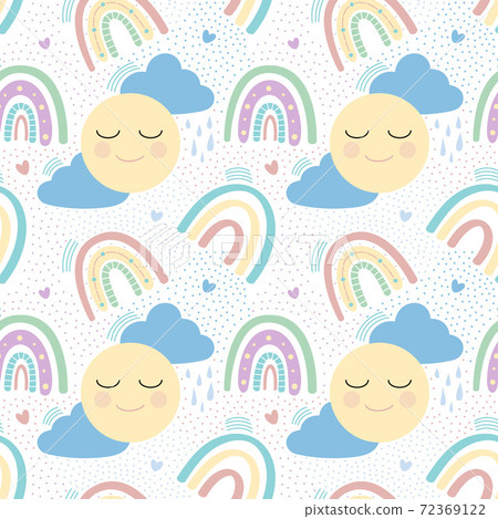 Rainbow with clouds, sun and hearts pattern 72369122