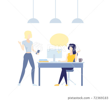 girl at computer speaking with colleague girl at computer speaking with colleague 72369183