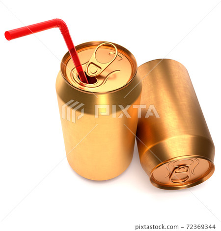 Gold aluminum beer or soda cans with red straw isolated on white. Gold aluminum beer or soda cans with red straw isolated on white. 72369344