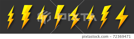 Yellow lightning bolt icons collection. Flash symbol, thunderbolt. Simple lightning strike sign Yellow lightning bolt icons collection. Flash symbol, thunderbolt. Simple lightning strike sign 72369471