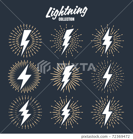 Set of vintage lightning bolts and sunrays. Lightnings with sunburst effect. Thunderbolt, electric Set of vintage lightning bolts and sunrays. Lightnings with sunburst effect. Thunderbolt, electric 72369472