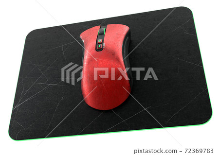 Used metal red gaming mouse with scratches on professional pad isolated on white Used metal red gaming mouse with scratches on professional pad isolated on white 72369783