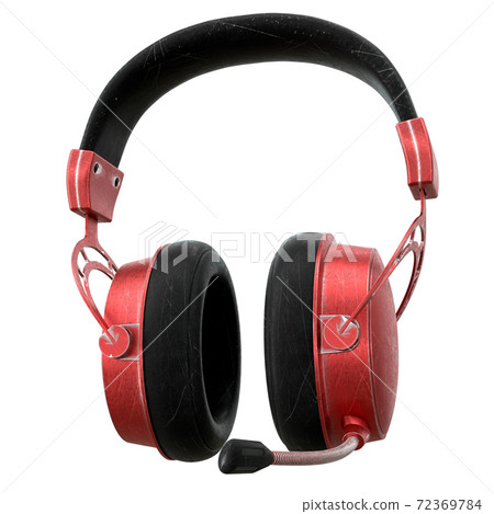 Used metal gaming headphones with microphone and scratches isolated on white 72369784