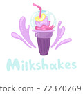 Colorful fruit milkshake design. Plastic cup with lid and straw, full of pink milky drink with splashes. Whipped milkshake with syrup. Vector illustration cartoon flat icon isolated on white. 72370769