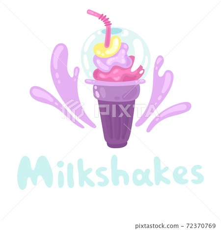 Colorful fruit milkshake design. Plastic cup with lid and straw, full of pink milky drink with splashes. Whipped milkshake with syrup. Vector illustration cartoon flat icon isolated on white. 72370769