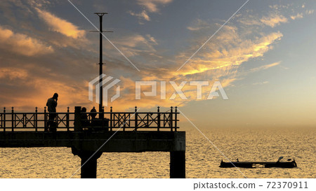 Bangsan Chonburi Thailand jetty and sunset. At Bangsan beach. Ao Thai Ocean. Beautiful sunset landscape, wooden shore jetty and colorful sky and cloud. Artistic beach sunset under wonderful sky. Recre Bangsan Chonburi Thailand jetty and sunset. At Bangsan beach. Ao Thai Ocean. Beautiful sunset landscape, wooden shore jetty and colorful sky and cloud. Artistic beach sunset under wonderful sky. Recre 72370911