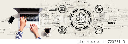 Fingerprint scanning theme with person using laptop Fingerprint scanning theme with person using laptop 72372143