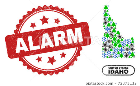 Alarm Textured Seal Stamp and Idaho State Map Collage of Covid Winter Alarm Textured Seal Stamp and Idaho State Map Collage of Covid Winter 72373132