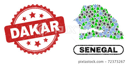 Dakar Scratched Seal and Senegal Map Mosaic of Covid-2019 New Year 72373267