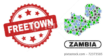 Freetown Textured Seal Stamp and Zambia Map Composition of Coronavirus Winter 72373585