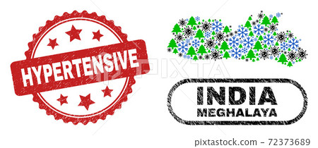 Hypertensive Textured Seal and Meghalaya State Map Collage of Covid-2019 New Year 72373689