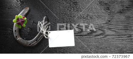 Horseshoe with lucky clover on a wooden background 72373967