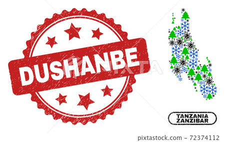 Dushanbe Grunge Seal and Zanzibar Island Map Collage of Pandemic Christmas 72374112