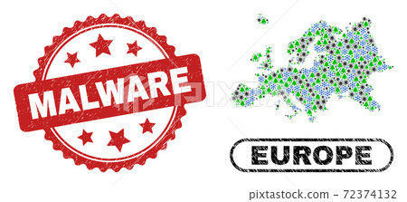 Malware Grunge Stamp and Europe Map Collage of Pandemic Christmas 72374132