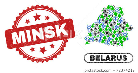 Minsk Textured Stamp and Belarus Map Collage of Pandemic Christmas 72374212