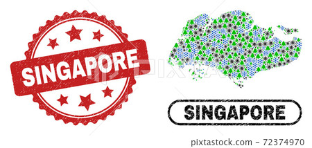 Singapore Grunge Seal Stamp and Singapore Map Mosaic of Covid Christmas 72374970