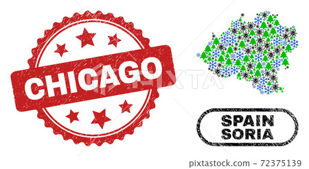 Chicago Grunge Stamp and Soria Province Map Collage of Coronavirus New Year 72375139