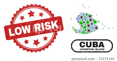 Low Risk Distress Seal Stamp and Juventud Island Map Mosaic of Coronavirus Christmas 72375140