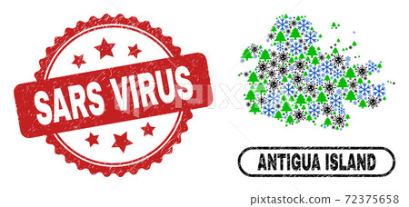 Sars Virus Distress Stamp and Antigua Island Map Collage of Covid-2019 Christmas 72375658
