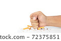 Man hand smash cigarette on white background, Man's fist crushing cigarettes, Stop smoking initiative concept of breaking cigarettes, World no tobacco day. 72375851