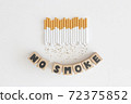 Overhead view of stop text wood cube from cigarette, Stop smoking initiative cubic wooded concept of breaking cigarettes,Top view no smoke text in wood block on white background, World no tobacco day. 72375852
