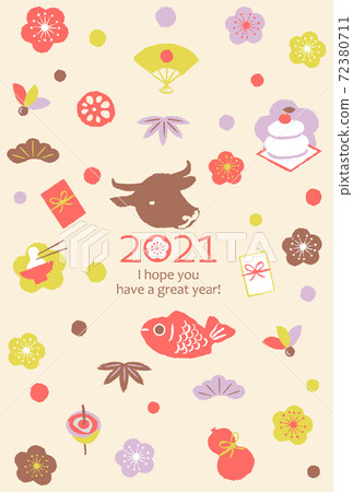 New Year's card 2021 Ox year various cute New Year 72380711