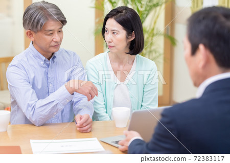 Middle couple receiving explanation from salesman Middle couple receiving explanation from salesman 72383117