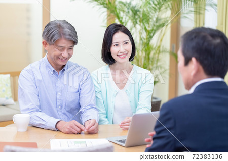 Middle couple receiving explanation from salesman 72383136