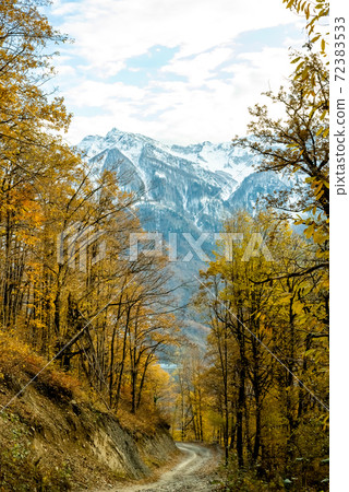 View of landscape through autumn forest to the high mountains in the snow. Transition from autumn to winter. View of landscape through autumn forest to the high mountains in the snow. Transition from autumn to winter. 72383533