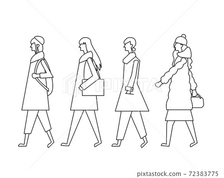 Pedestrian young woman winter clothes sideways 72383775