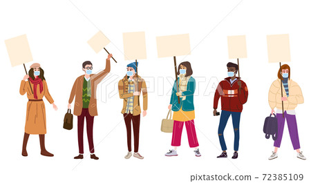 Set of Protesters crowd man and woman in medical masks from virus COVID, holding empty banners. Activists protesting, during a pandemic quarantine coronavirus, political meeting, strike human rights Set of Protesters crowd man and woman in medical masks from virus COVID, holding empty banners. Activists protesting, during a pandemic quarantine coronavirus, political meeting, strike human rights 72385109