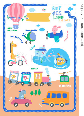 transportation poster for preschool. doodle illustration for kids. transportation. cute cartoon. word. vehicle word. transportation poster. animal pattern.  72387159